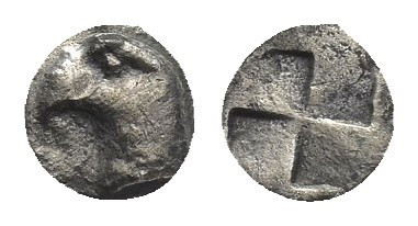 Hemiobol AR
Aeolis, Kyme, c. 480-450 BC, Head of eagle left / Quadripartite inc...