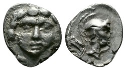 Obol AR
Pisidia, Selge
c. 350-300 BC
Facing gorgoneion Helmeted head of Athena right, astralagos behind
11 mm, 1 g
SNG France 1928