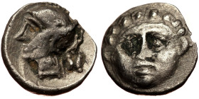 Obol AR
Pisidia, Selge, c. 350-300 BC. Obv: Facing gorgoneion with protruding tongue, Head of Athena to left, wearing crested Attic helmet, astragalo...