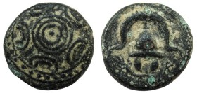 Bronze AE
Macedon, Philip III Arrhidaios (323-317 BC), Macedonian shield, with facing gorgoneion on boss / helmet
18 mm, 4,30 g