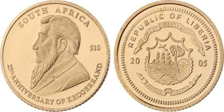 10 Dollars AV
Liberia, Krugerand, Gold 585/1000, Gold 585/1000
11 mm, 0,5 g