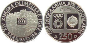 250 Dinara AR
Yugoslavia, Winter Olympics Sarajevo 1984, Silver 925/1000
34 mm, 17 g
KM # 107