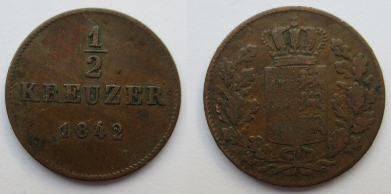 ½ Kreuzer
Württenberg, 1842
1,64 g
AKS 115
