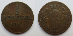 ½ Kreuzer
Württenberg, 1842
1,64 g
AKS 115
