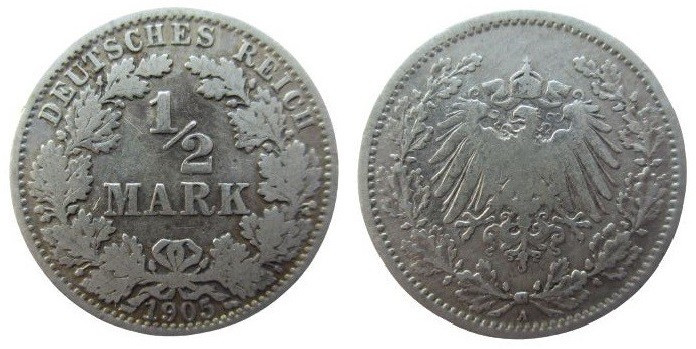 ½ Mark AR
Germany, A, 1905
20 mm, 2,75 g