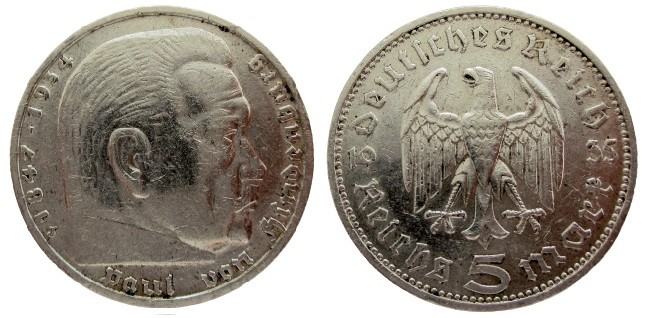 5 Mark AR
Hindenburg, 1935 J
29 mm, 13,86 g