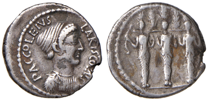 Accoleia - P. Accoleius Lariscolus - Denario (43 a.C.) Busto di Acca Larentia a ...