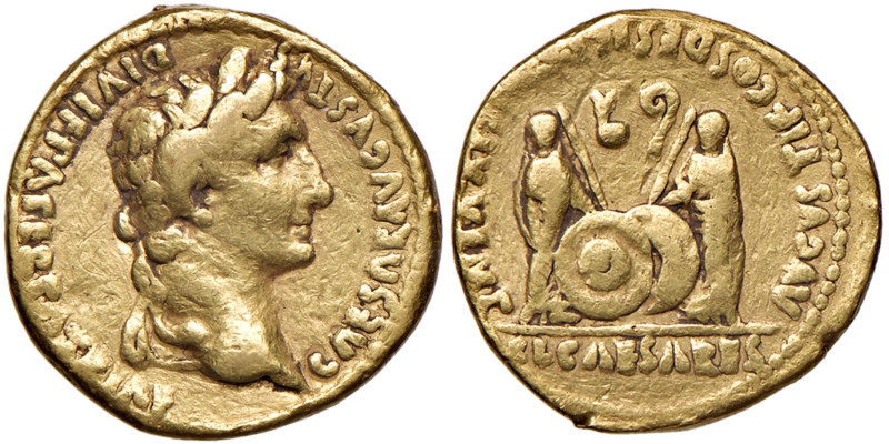 Augusto (27 a.C.-14 d.C.) Aureo - Busto laureato a d. - R/ Gaio e Lucio stanti d...