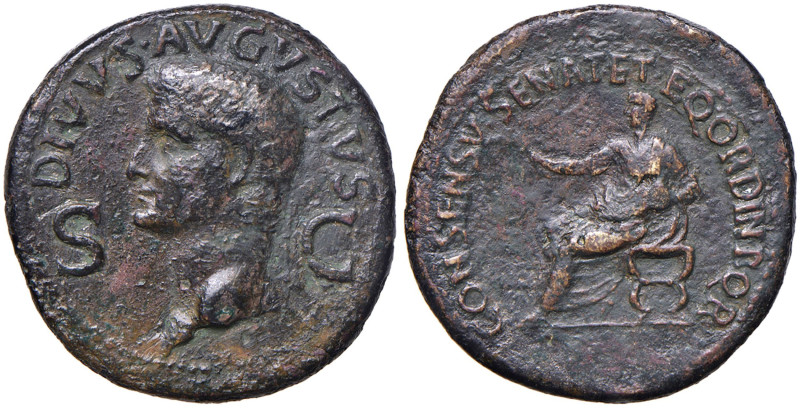 Augusto (27 a.C.-14 d.C.) Dupondio - Testa a s - R/ Augusto seduto a s. - RIC (C...