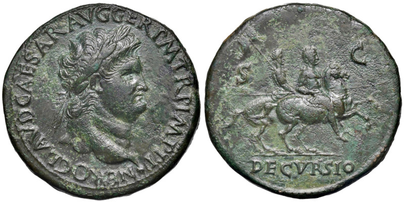 Nerone (54-68) Sesterzio (Lugdunum) Busto laureato a d. - R/ Nerone a cavallo a ...