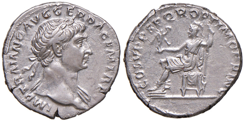 Traiano (98-117) Denario - Busto laureato a d. - R/ Roma seduta a s. - RIC 116 A...