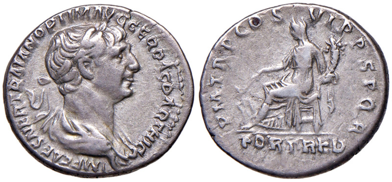 Traiano (114-117) Denario - Busto laureato e drappeggiato a d. - R/ La Fortuna s...