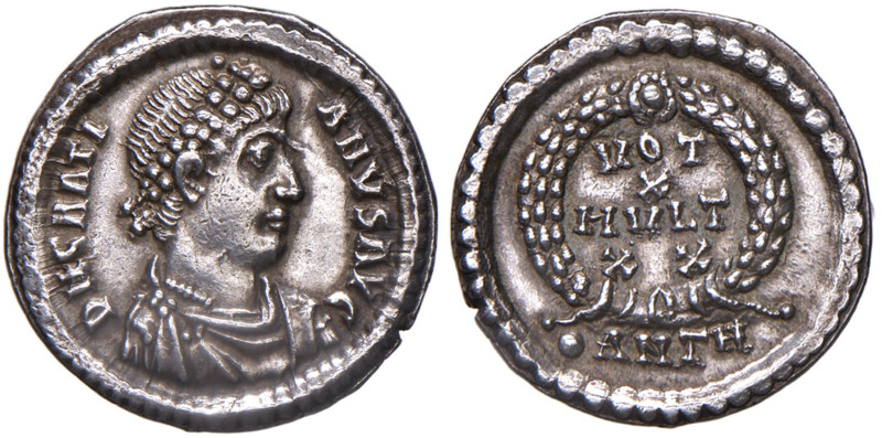 Graziano (367-383) Siliqua (Antiochia) Busto diademato a d. - R/ VOT X MVLT X X ...