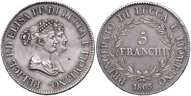 LUCCA Elisa Bonaparte e Felice Baciocchi (1805-1814) 5 Franchi 1805 - Gig. 1 AG (g 24,71) Lucidata
BB