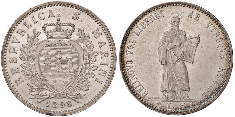 SAN MARINO 5 Lire 1898 - Gig. 17 AG (g 25,01)
SPL+