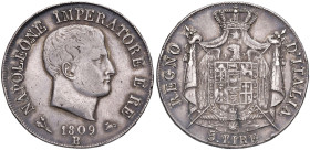 Napoleone (1804-1814) Bologna - 5 Lire 1809 Bordo in rilievo, puntali aguzzi - Gig. 99 AG (g 24,94) Colpetti al bordo, graffietti
qBB/BB