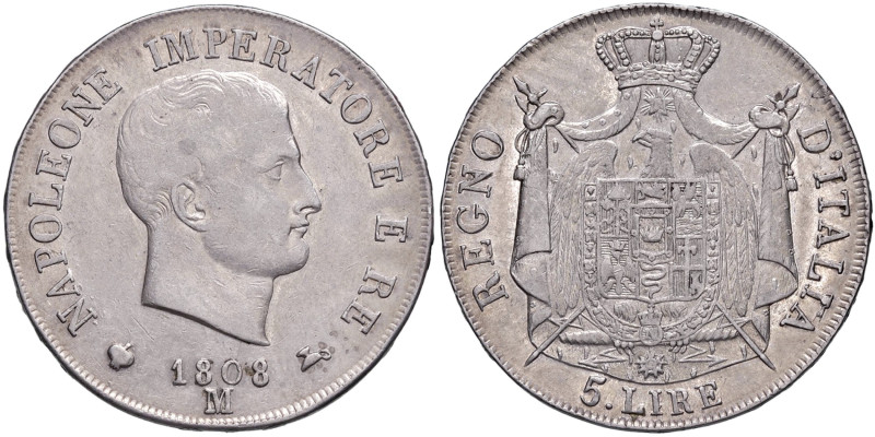 Napoleone (1805-1814) Milano - 5 Lire 1808 puntali aguzzi, bordo in rilievo - Gi...