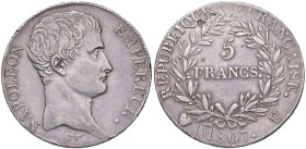 Napoleone (1804-1814) Torino - 5 Franchi 1807 - Gig. 25 AG (g 24,92) RR Screpolature e graffi al R/, colpetto al bordo
qBB