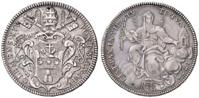 Clemente XIV (1769-1774) Mezzo scudo 1773 A. IV - Munt. 3 AG (g 13,07) RR Tentativo di piccolo foro al D/
BB