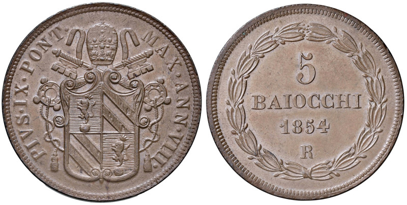 Pio IX (1846-1878) 5 Baiocchi 1854 A. VIII - Nomisma 775 CU (g 40,67)
SPL+