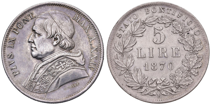 Pio IX (1846-1878) 5 Lire 1870 A. XXIV - Nomsima 860 AG (g 25,00) Leggermente lu...