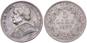 Pio IX (1846-1878) 5 Lire 1870 A. XXIV - Nomsima 860 AG (g 25,00) Leggermente lucidata
BB+