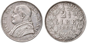Pio IX (1846-1878) 2,50 Lire 1867 A. XXI - Nomisma 862 AG (g 12,49) Colpetto al bordo
BB/SPL