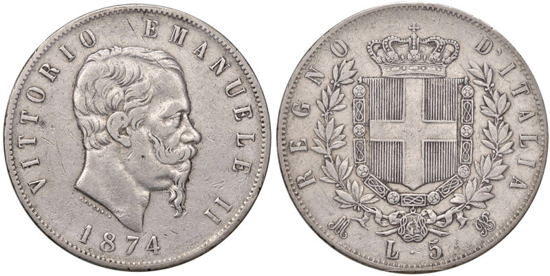 Vittorio Emanuele II (1861-1878) 5 Lire 1874 M - Nomisma 896 AG Sigillato BB da ...