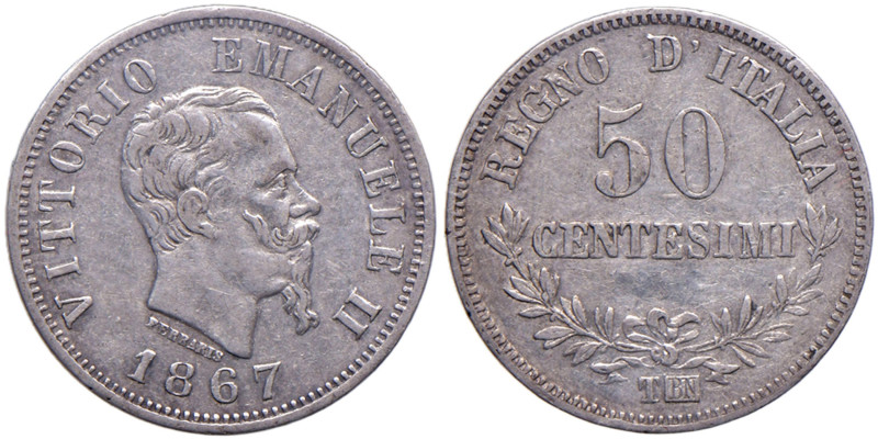 Vittorio Emanuele II (1861-1878) 50 Centesimi 1867 T valore - Nomisma 931 AG RRR...