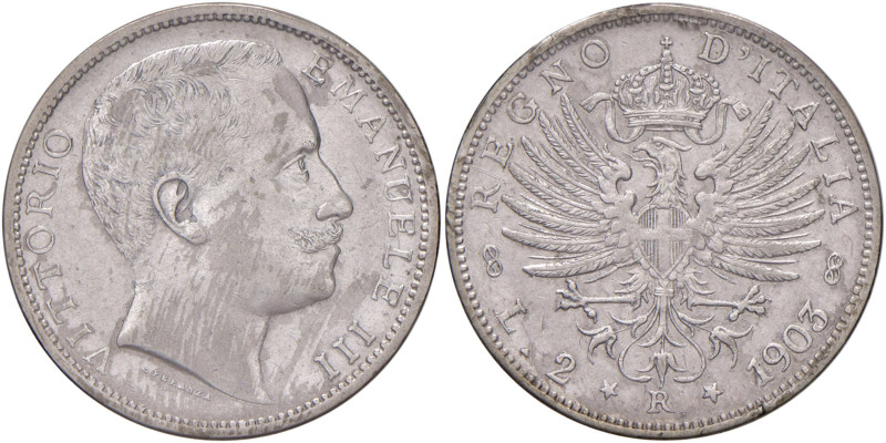 Vittorio Emanuele III (1900-1946) 2 Lire 1903 - Nomisma 1153 AG RRR Sigillato se...