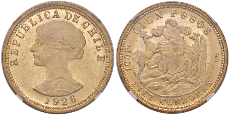 CILE 100 Pesos 1926 - AU In slab NGC MS 63 5786299-005
MS 63