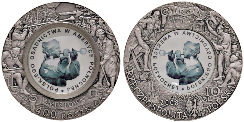 POLONIA 10 Zlotych 2008 400th Anniv. Polish Settlement at Jamestown - AG Con car...