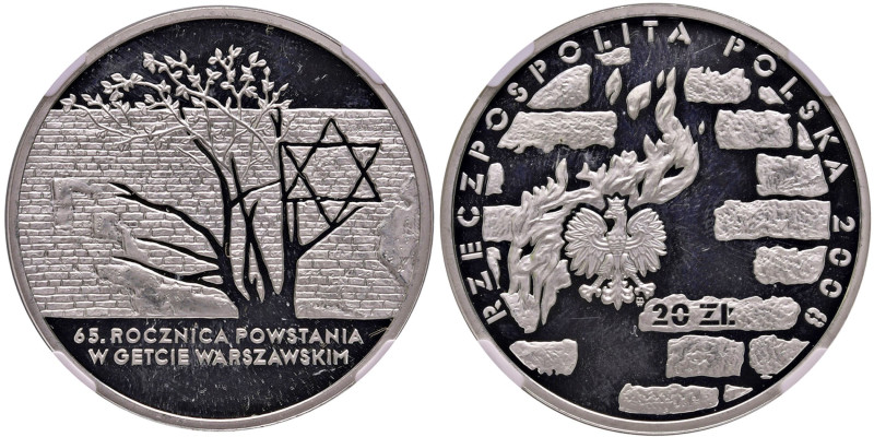 POLONIA 20 Zlotych 2008 Warsaw Ghetto Uprising - AG In slab NGC PF 65 ULTRA CAME...