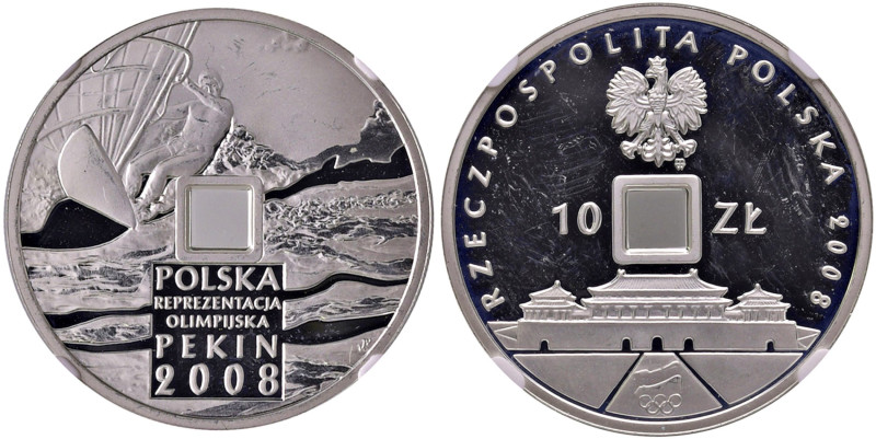 POLONIA 10 Zlotych 2008 Beijing Olympics Wind Surfing - AG In slab NGC PF 65 ULT...