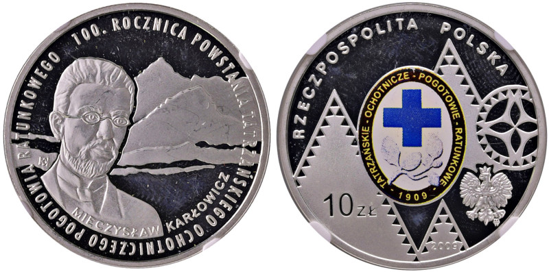 POLONIA 10 Zlotych 2009 Tatra Mountain Rescue Colorized - AG In slab NGC PF 66 U...