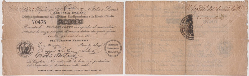 PRESTITO NAZIONALE ITALIANO - Giuseppe Mazzini - 100 Franchi del 09/11/1850. Rif...