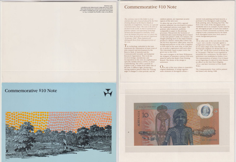 AUSTRALIA - folder commermorativo contenente 1 banconota da 10 dollari del 1988....