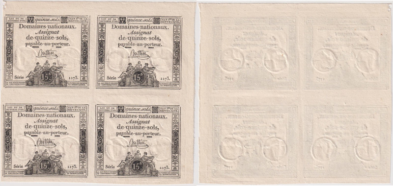 FRANCIA - foglietto con stampati 4 banconote da 15 Soles del 1792. Rif. Pick A54...