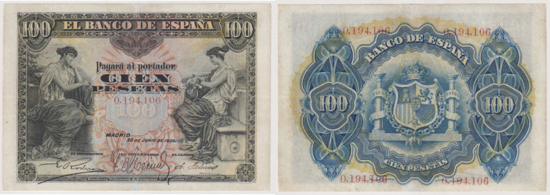 SPAGNA banconota da 100 Pesetas del 30/06/1906. Rif. Pick 59a. Piega centrale co...