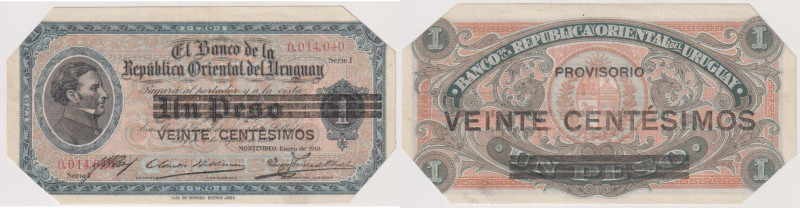 URUGUAY banconota da 20 Centesimos su 1 Pesos del 1918. Gli angoli risultano tag...