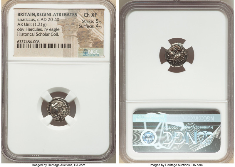 BRITAIN. Regini-Atrebates. Epaticcus. Ca. AD 20-40. AR unit (13mm, 1.21 gm, 8h)....