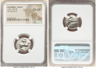 CALABRIA. Tarentum. Ca. 281-240 BC. AR stater or didrachm (19mm, 5h). NGC Choice VF. Ca. 272-240 BC. Aristoc and Thi-, magistrates. Armored warrior on...
