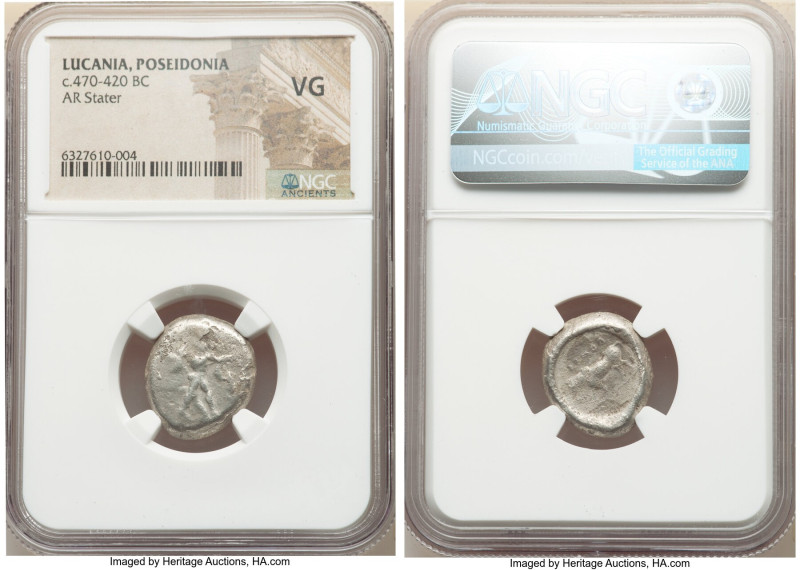 LUCANIA. Poseidonia. Ca. 470-420 BC. AR stater (19mm, 11h). NGC VG. ΠΟΣE, Poseid...