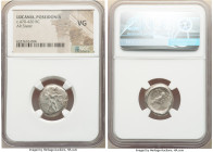 LUCANIA. Poseidonia. Ca. 470-420 BC. AR stater (19mm, 11h). NGC VG. ΠΟΣE, Poseidon striding right, nude but for chlamys spread across shoulders, brand...