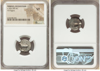 THRACE. Byzantium. Ca. 350-300 BC. AR siglos (17mm). NGC VF. Bull standing left on dolphin left; ΠY above / Quadripartite incuse square of mill sail p...