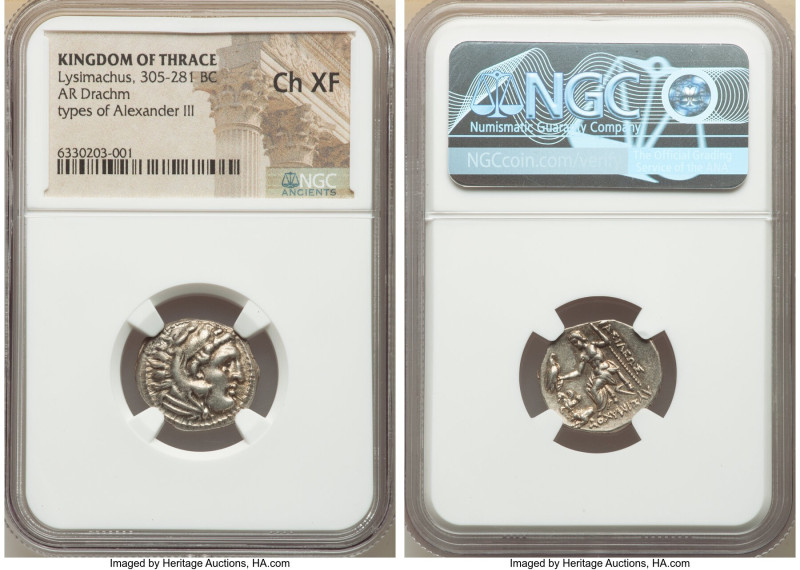 THRACIAN KINGDOM. Lysimachus (305-281 BC). AR drachm (19mm, 11h). NGC Choice XF....