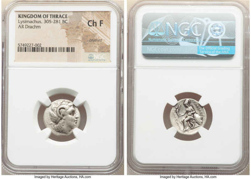 THRACIAN KINGDOM. Lysimachus (305-281 BC). AR drachm (18mm, 11h). NGC Choice Fin...