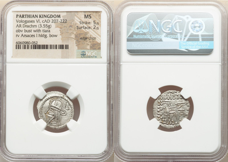 PARTHIAN KINGDOM. Vologases VI (AD 207-222). AR drachm (20mm, 3.55 gm, 1h). NGC ...