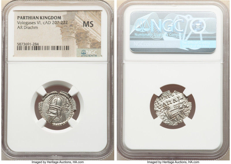 PARTHIAN KINGDOM. Vologases VI (AD 207-222). AR drachm (20mm, 11h). NGC MS. Ecba...