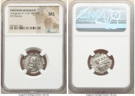 PARTHIAN KINGDOM. Vologases VI (AD 207-222). AR drachm (20mm, 11h). NGC MS. Ecbatana. Diademed bust of Vologases VI left, wearing pointed beard and do...